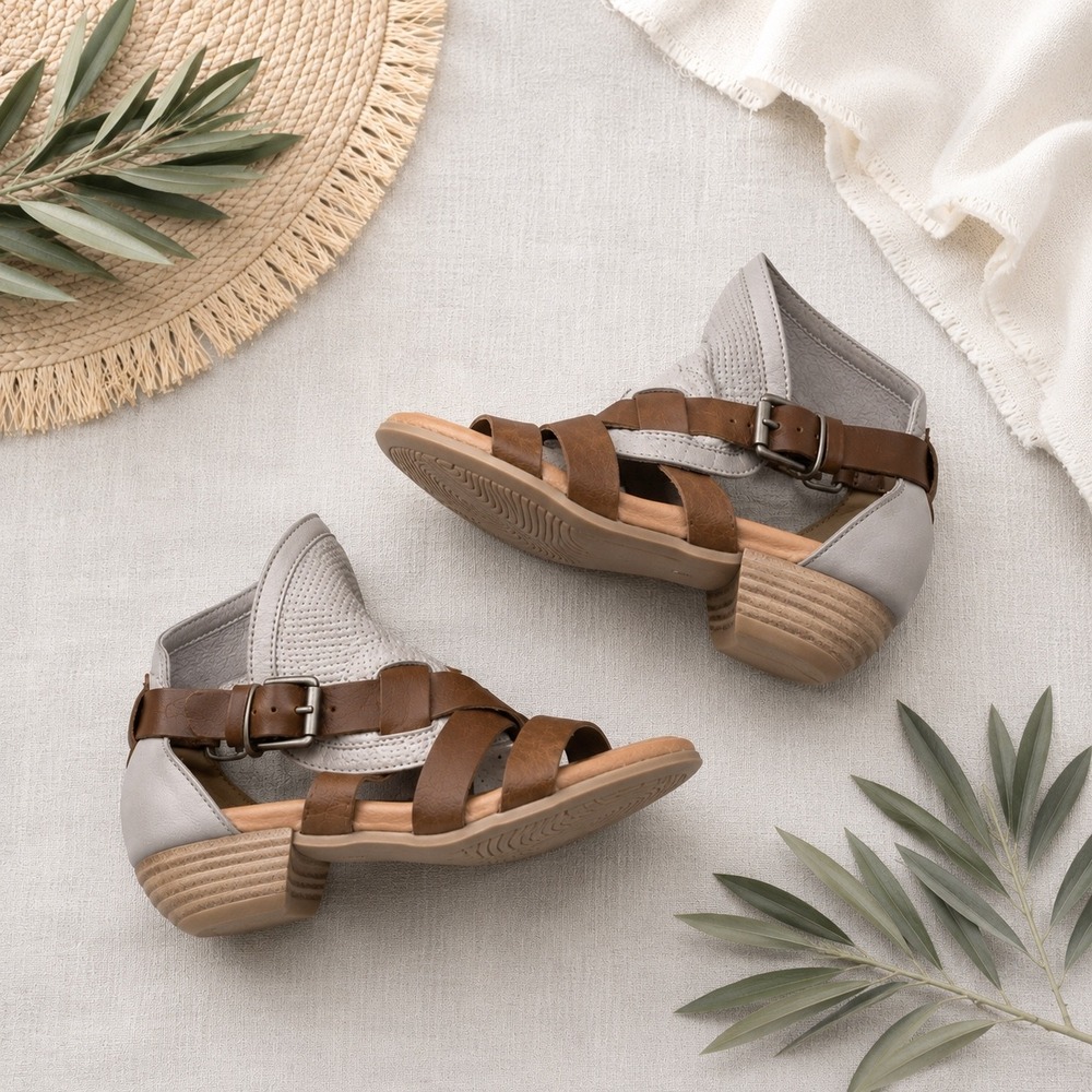 Miz Mooz Gladiator Sandals Womens 36 Grey Brown Leather Buckle Block Heel Boho